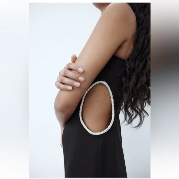 Zara NWT black one shoulder rhinestone side cutout detail midi dress - Picture 5 of 9